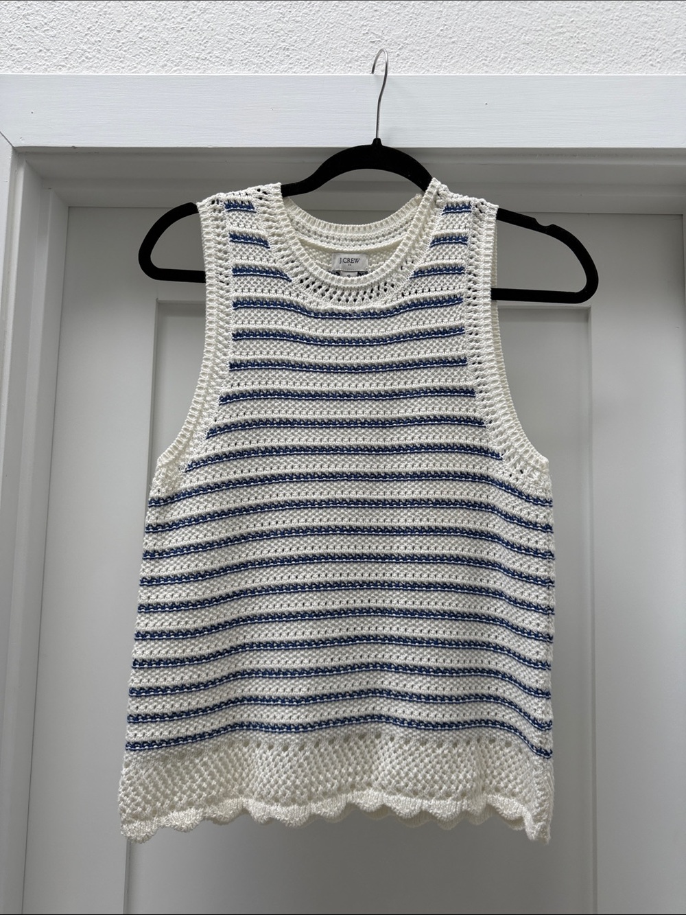 J. Crew Cream Crochet Tank with Blue Stripes
